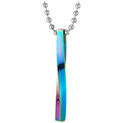 COOLSTEELANDBEYOND Mens Womens Steel Rainbow Oxidized Twisted Cuboid Bar Pendant Necklace, 23.6 in Ball Chain, Stylish