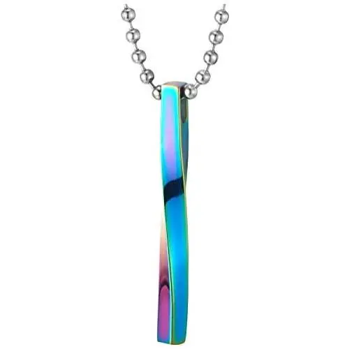 COOLSTEELANDBEYOND Mens Womens Steel Rainbow Oxidized Twisted Cuboid Bar Pendant Necklace, 23.6 in Ball Chain, Stylish