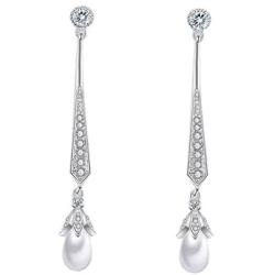 Scarlvambo Womens Simulated Pearl Cubic Zirconia Chandelier Pierced Dangle Bride Earrings