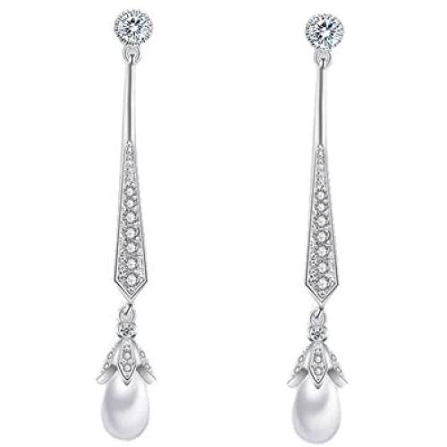 Scarlvambo Womens Simulated Pearl Cubic Zirconia Chandelier Pierced Dangle Bride Earrings