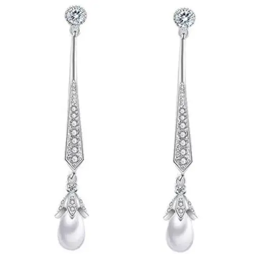 Scarlvambo Womens Simulated Pearl Cubic Zirconia Chandelier Pierced Dangle Bride Earrings Scarlvambo Womens Simulated Pearl Cubic Zirconia Chandelier Pierced Dangle Bride Earrings