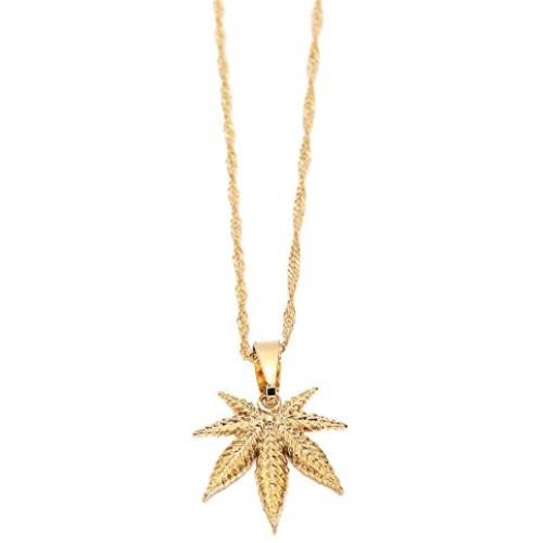 18K Small Cute Hip Hop Gold Plated Men Fashion Plant Weed Leaf Pendant Necklace