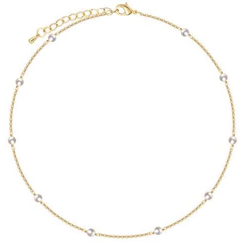 Cowlyn Pearl Choker Dainty Adjustable Necklace 18K Gold Plated Cultured Barque Pearl Tiny Chain Delicate Christmas Valentine Jewelry for Women Girls