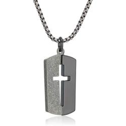 Steve Madden 28 Inch Polished Split Design Open Cross Dogtag Box Chain Necklace for Men in Black IP Plated Stainless Steel (Black)
