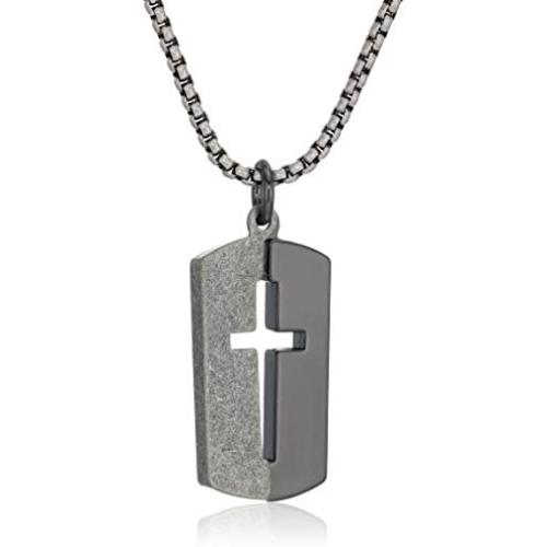 Steve Madden 28 Inch Polished Split Design Open Cross Dogtag Box Chain Necklace for Men in Black IP Plated Stainless Steel (Black)