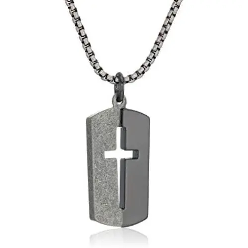 Steve Madden 28 Inch Polished Split Design Open Cross Dogtag Box Chain Necklace for Men in Black IP Plated Stainless Steel (Black) Steve Madden 28 Inch Polished Split Design Open Cross Dogtag Box Chain Necklace for Men in Black IP Plated Stainless Steel (Black)