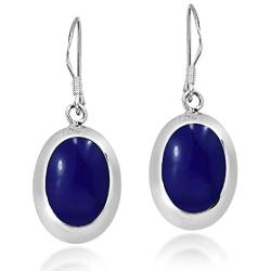 Simple Oval Shaped Simulated Blue Lapis-Lazuli Inlay on .925 Sterling Silver Dangle Earrings