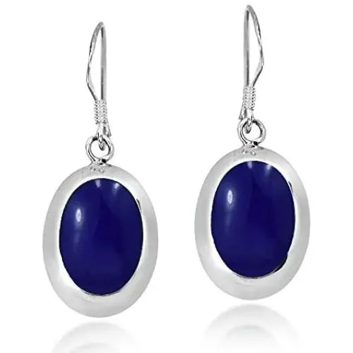 Simple Oval Shaped Simulated Blue Lapis-Lazuli Inlay on .925 Sterling Silver Dangle Earrings