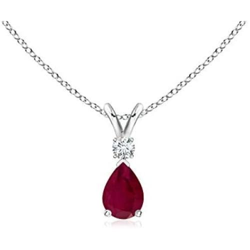 July Birthstone - Ruby Teardrop Pendant Necklace with Diamond (6x4mm Ruby)
