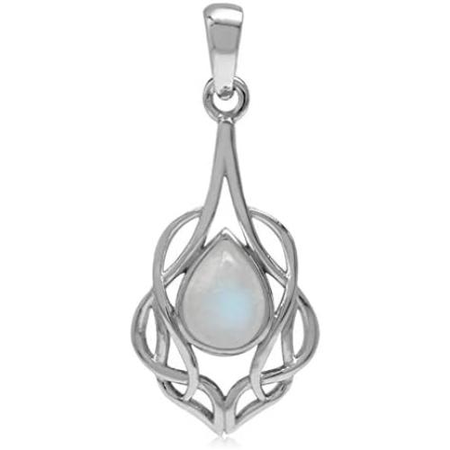 Silvershake Natural Moonstone White Gold Plated 925 Sterling Silver Celtic Knot Drop Solitaire Pendant