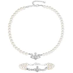 BOMAIL Vivienne Westwood Golden Silver Saturn Faux Pearl Necklace Bracelet Set Pearl Bead Necklaces Crystal Rhinestone Saturn Planet Necklace for Women Girls