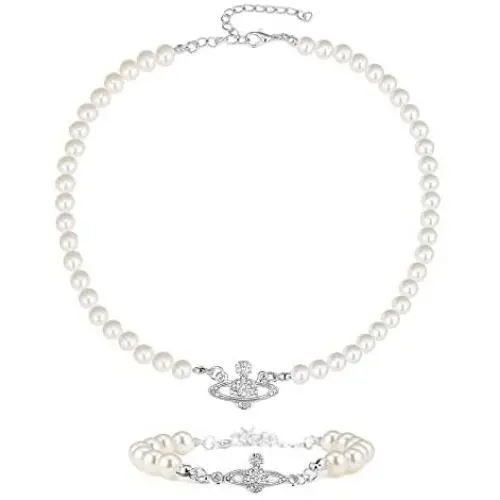 BOMAIL Vivienne Westwood Golden Silver Saturn Faux Pearl Necklace Bracelet Set Pearl Bead Necklaces Crystal Rhinestone Saturn Planet Necklace for Women Girls BOMAIL Vivienne Westwood Golden Silver Saturn Faux Pearl Necklace Bracelet Set Pearl Bead Necklaces Crystal Rhinestone Saturn Planet Necklace for Women Girls