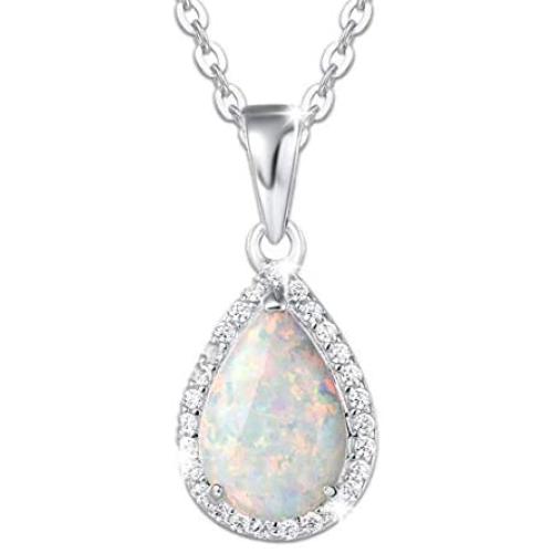 FANCIME October Birthstone Sterling Silver Created Opal Necklace Earrings Stud Hoop Dangle Cubic Zirconia CZ Fire Opal Halo Teardrop Pendant Fine Jewelry Gifts for Women Girls