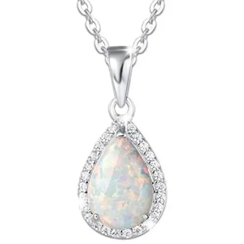 FANCIME October Birthstone Sterling Silver Created Opal Necklace Earrings Stud Hoop Dangle Cubic Zirconia CZ Fire Opal Halo Teardrop Pendant Fine Jewelry Gifts for Women Girls