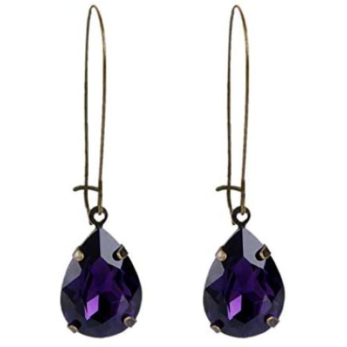 EVER FAITH Austrian Crystal Vintage Style Teardrop Hook Dangle Earrings Dark Purple Antique Gold-Tone