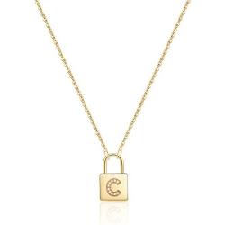 Turandoss Gold Initial Lock Necklaces for Women, 14K Gold Plated Dainty Personalized Initial CZ Letter Padlock Pendant Gold Lock Necklaces for Women Girls Trendy Jewelry Gifts