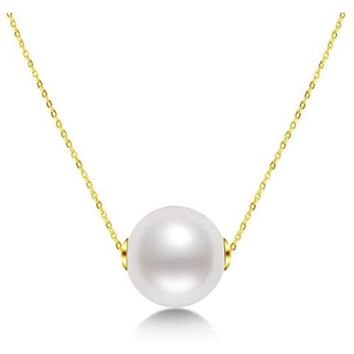 18K Gold White Pearl Pendant Necklace 9.5-10mm Freshwater Cultured Single Pearl Necklace Gifts for Women Wife Mom Girls Valentines Day - White Gold/Yellow Gold