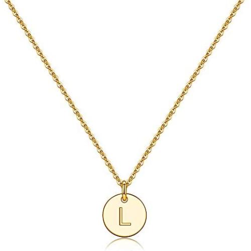 Disc Initial Necklaces for Women Girls, 14K Gold Filled Round Disc Double Side Engraved Hammered Initial Necklace Adjustable Personalized Alphabet Letter Pendant for Women Girls Jewelry Gifts