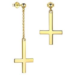 Inverted Cross Earrings Solid 925 Sterling Silver Gold Plated Women Men Unisex Upside-Down Cross Dangle Earrings Stud Satanic Statement Earrings Best Birthday