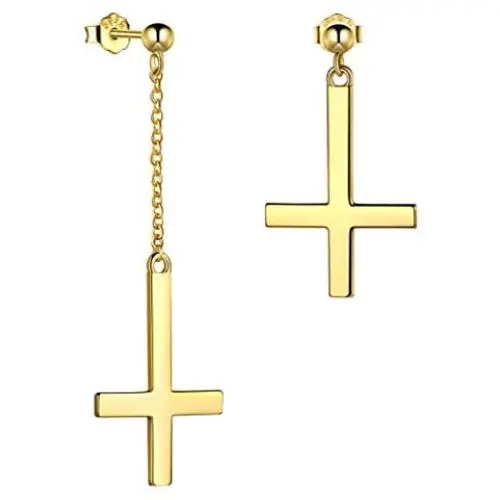 Inverted Cross Earrings Solid 925 Sterling Silver Gold Plated Women Men Unisex Upside-Down Cross Dangle Earrings Stud Satanic Statement Earrings Best Birthday