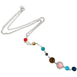 HUNO Handmade Galaxy Solar System Universe Eight Planets Guardian Star Natural Stone Beads Pendant Necklace Womens Jewelry
