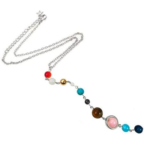 HUNO Handmade Galaxy Solar System Universe Eight Planets Guardian Star Natural Stone Beads Pendant Necklace Womens Jewelry