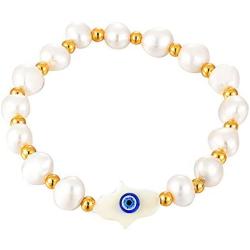 evil eye pearl bracelet for girl women, white bracelets pearl jewelry, Hand of Fatima Natural pearl stretch Handmade Turkish blue eyes bracelet