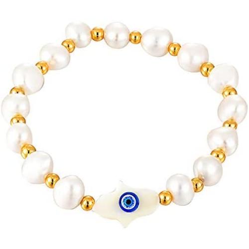 evil eye pearl bracelet for girl women, white bracelets pearl jewelry, Hand of Fatima Natural pearl stretch Handmade Turkish blue eyes bracelet
