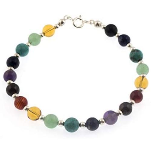 925 Sterling Silver Seven (7) Chakra Natural Healing Gemstone Beads 6 mm Bracelet 7.5 Inches