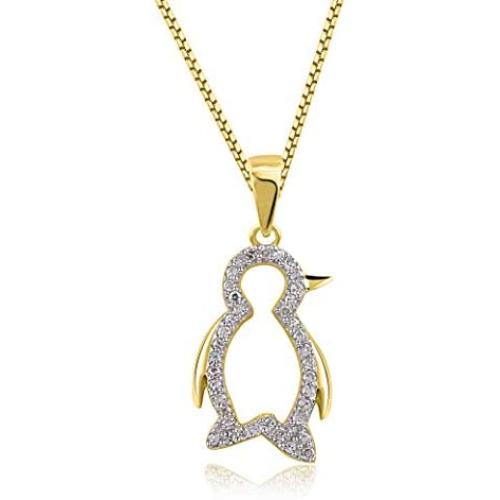 TJD 1/8 Carat Natural Diamond 10K White Gold Baby Penguin Pendant Necklace (H-I Color, I2 Clarity)