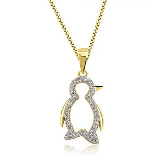TJD 1/8 Carat Natural Diamond 10K White Gold Baby Penguin Pendant Necklace (H-I Color, I2 Clarity)