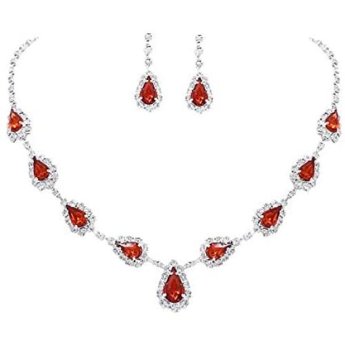 UDORA Silver Blue Red Teardrop Necklace Earrings Jewelry Set Wedding Party Prom