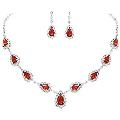 UDORA Silver Blue Red Teardrop Necklace Earrings Jewelry Set Wedding Party Prom UDORA Silver Blue Red Teardrop Necklace Earrings Jewelry Set Wedding Party Prom