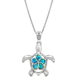 Honolulu Jewelry Company Sterling Silver Turtle Necklace Pendant with Simulated Blue Opal Flower 18'' Box Chain