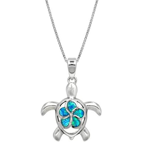 Honolulu Jewelry Company Sterling Silver Turtle Necklace Pendant with Simulated Blue Opal Flower 18'' Box Chain