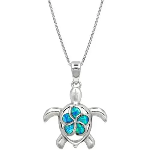Honolulu Jewelry Company Sterling Silver Turtle Necklace Pendant with Simulated Blue Opal Flower 18'' Box Chain Honolulu Jewelry Company Sterling Silver Turtle Necklace Pendant with Simulated Blue Opal Flower 18'' Box Chain