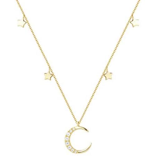 Agvana Gold Plated Sterling Silver Moon and Star Necklace for Women Cubic Zirconia CZ Dainty Necklace Fashion Jewelry Birthday Christmas Gifts for Her Teens Girls with Gift Box, 14.6+3 Inch Extender