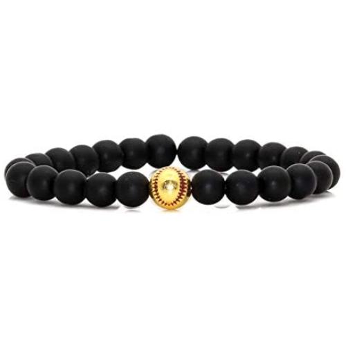 Nsitbbuery Fashion Alloy Baseball Bangle 8MM Matte Agate Lava Rock Beads Bracelet