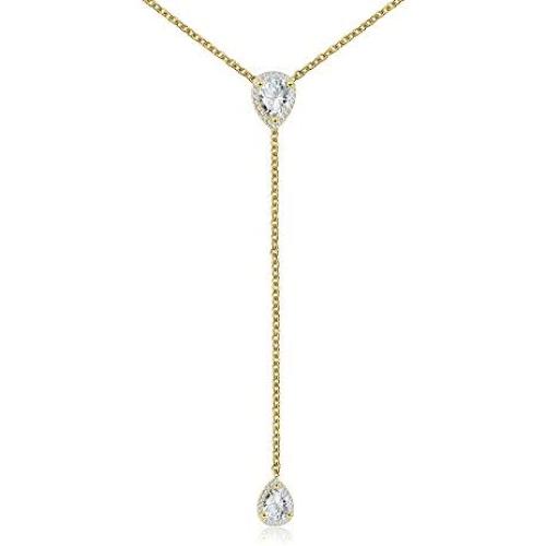 espere CZ Pear Drop Lariat Necklace 16'' with 2.75'' Y Drop Adjustable, 3 Colors Available