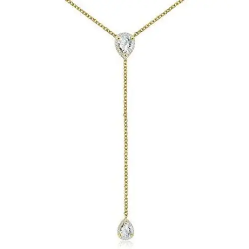 espere CZ Pear Drop Lariat Necklace 16'' with 2.75'' Y Drop Adjustable, 3 Colors Available