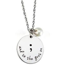 JOYID and So She Goes On Semicolon Necacek Stainless Steel Imitate Pearl Semi Colon Inspirational Neckalce for Women Girls Gifts