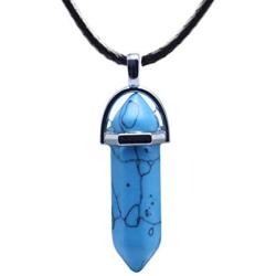 Anglacesmade Bullet Shape Gemstone Choker Necklace Hexagonal Pointed Reiki Chakra Pendant Leather Necklace Bohemian Jewelry for Women and Girls (Blue Turquoise)