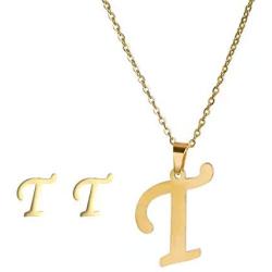 NA  Initial Necklace Pendant Stud Earrings Letters A to Z,18K Gold-Plated Children Necklace Earrings,Stainless Steel Personalized Initial Stud Earrings Necklace for Women Girls