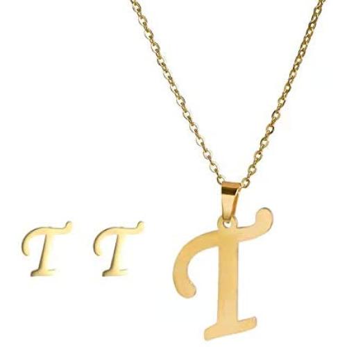 NA  Initial Necklace Pendant Stud Earrings Letters A to Z,18K Gold-Plated Children Necklace Earrings,Stainless Steel Personalized Initial Stud Earrings Necklace for Women Girls