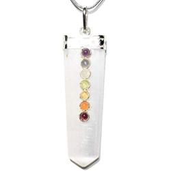 CHARGED 7 Chakra Natural Himalayan Gemstone Crystal Perfect Pendant + 20'' Silver Chain + Selenite Charging Heart [Included]