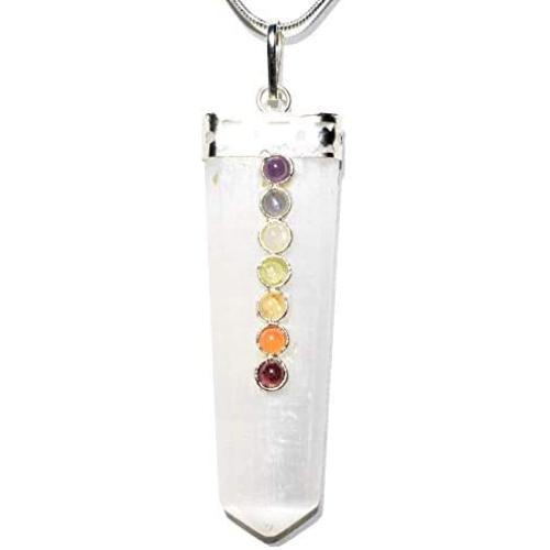 CHARGED 7 Chakra Natural Himalayan Gemstone Crystal Perfect Pendant + 20'' Silver Chain + Selenite Charging Heart [Included]