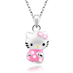 Hello Kitty Necklace,UUONLY Kitty Cat Necklace-Pink Cat Pendant Necklace Silver Plated Cute Cat Pendant Necklace for Women, Birthday Gift for Hello Kitty Fans, 17.71 ''
