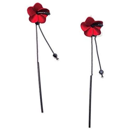 Red Green Poppy Flower Black Long Line Bar Tassel Earrings for Women Charm Stud Drop Earring Jewelry