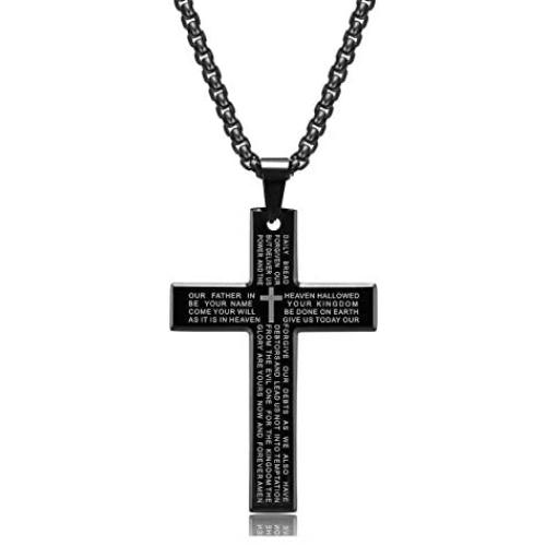 Rnivida Mens Stainless Steel Cross Necklace with Lords Prayer Inscription, Cross Pendant Necklace