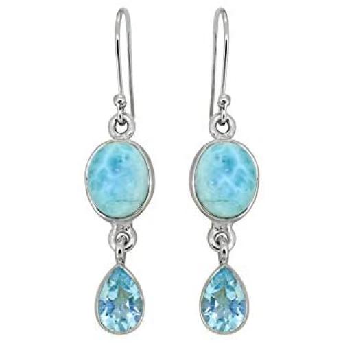 YoTreasure 1.81'' Larimar Blue Topaz Solid 925 Sterling Silver Dangle Earrings
